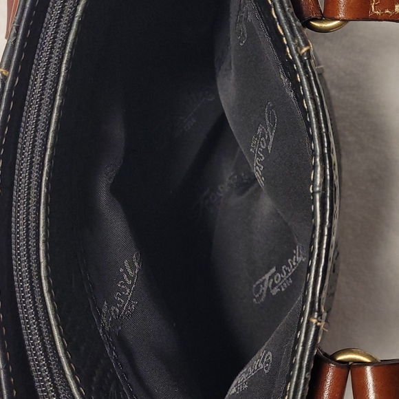 Fossil leather top handle tote bag. Black leather embossed / tooled with flowers - Picture 8 of 11